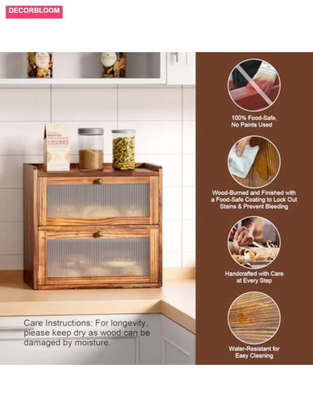 Wooden Bread Box with Acrylic Window 2 Layer Farmhouse Storage